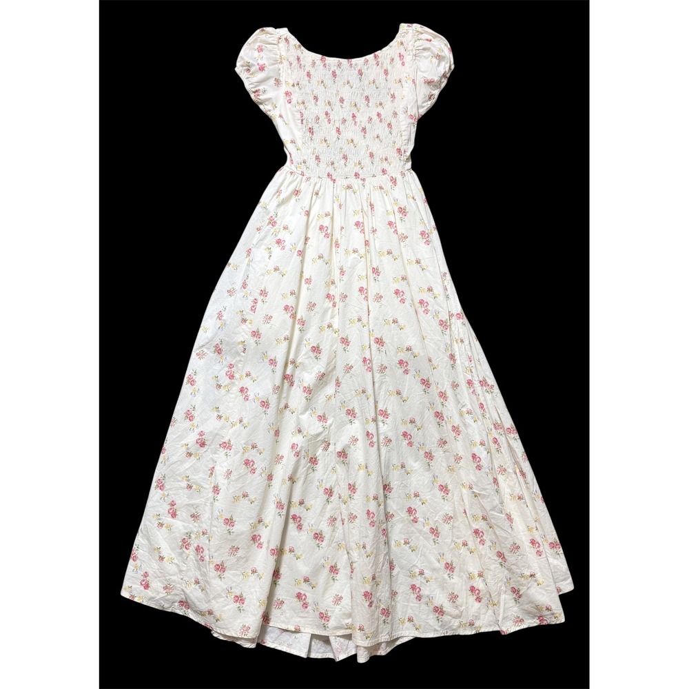 Creaman Floral Smocked Midi Dress Cream Pink Puff Sleeve Open Back Womens M